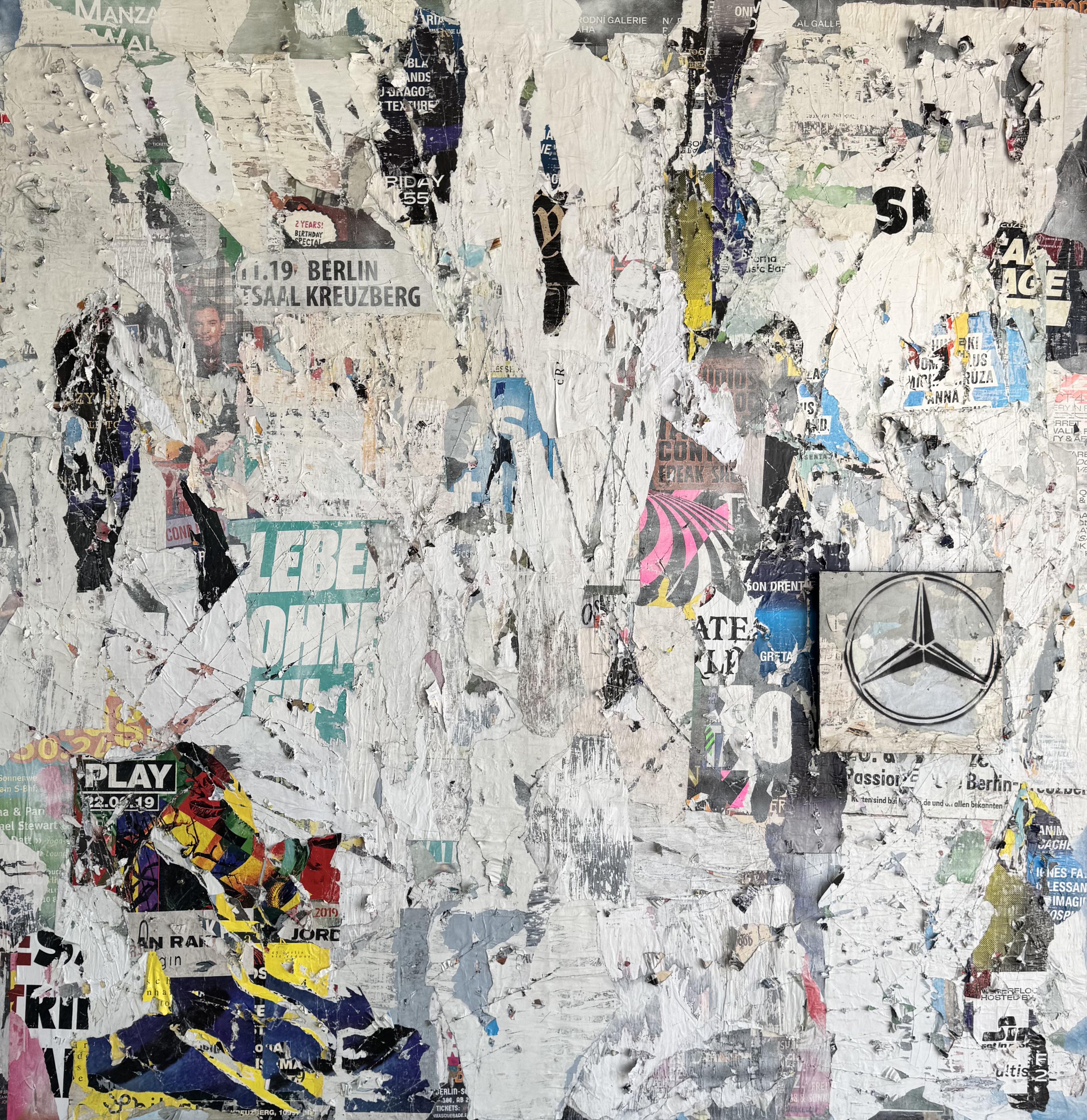 Leben Ohne, mixed media/decollage on panel, 240 x 250 cm, 2025. Custom artwork for Mercedes-Benz Hoffmann-Zizak