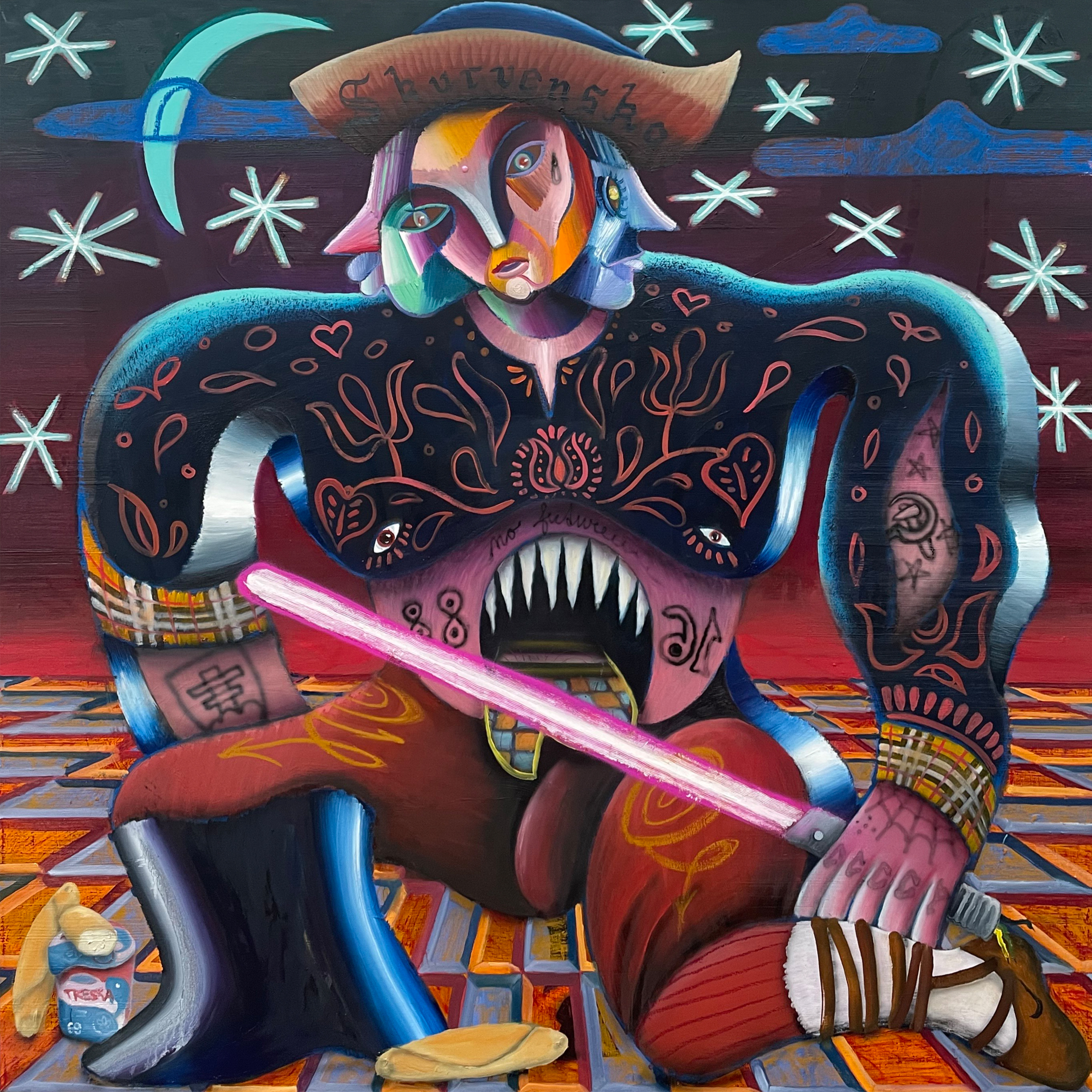 Jánošík Baller Treskoslovenský, 150x150cm, mix médií na plátně, 2025