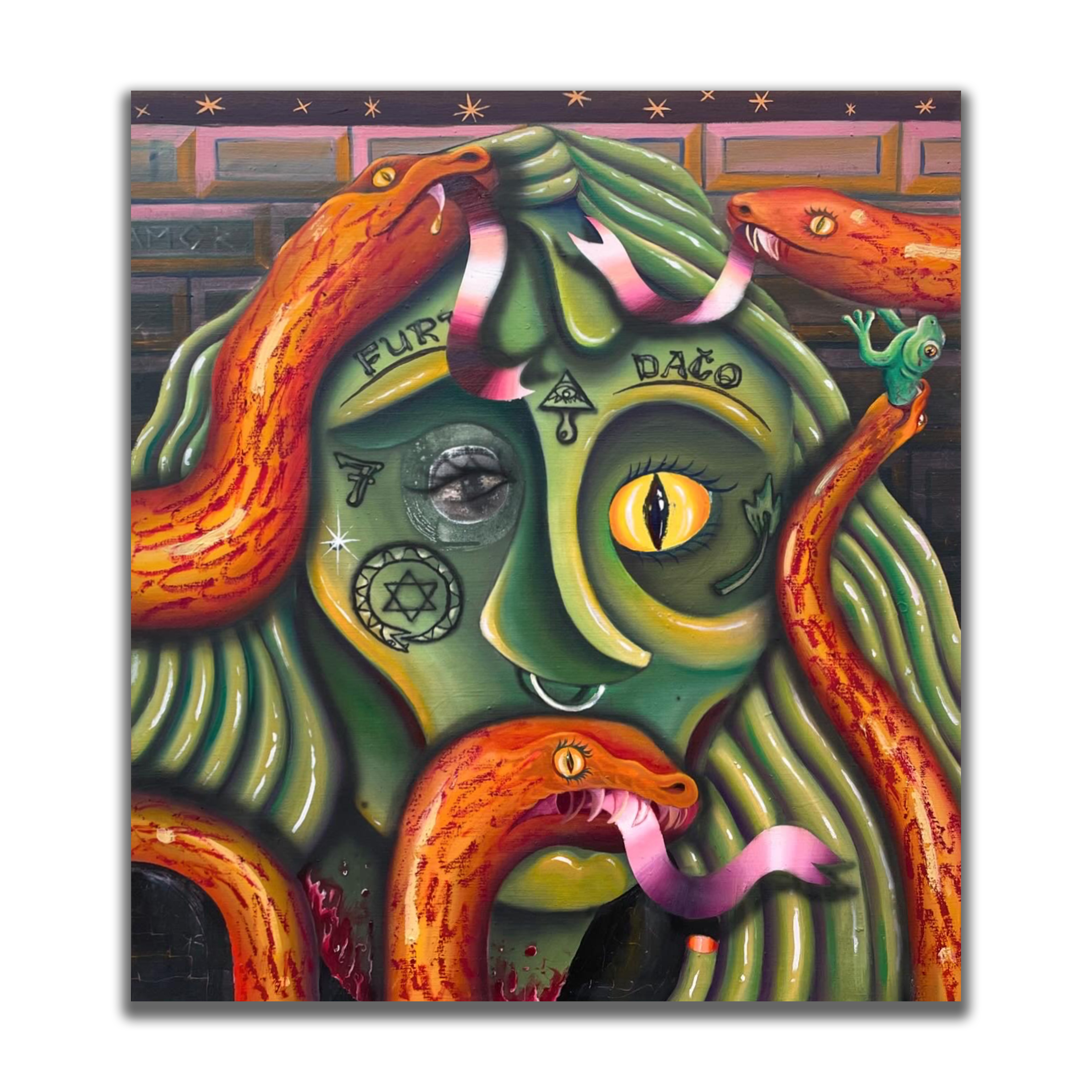 The Light of My Eyes in the Green Mirrors Guise, 90x81, mix médií na plátně, 2024