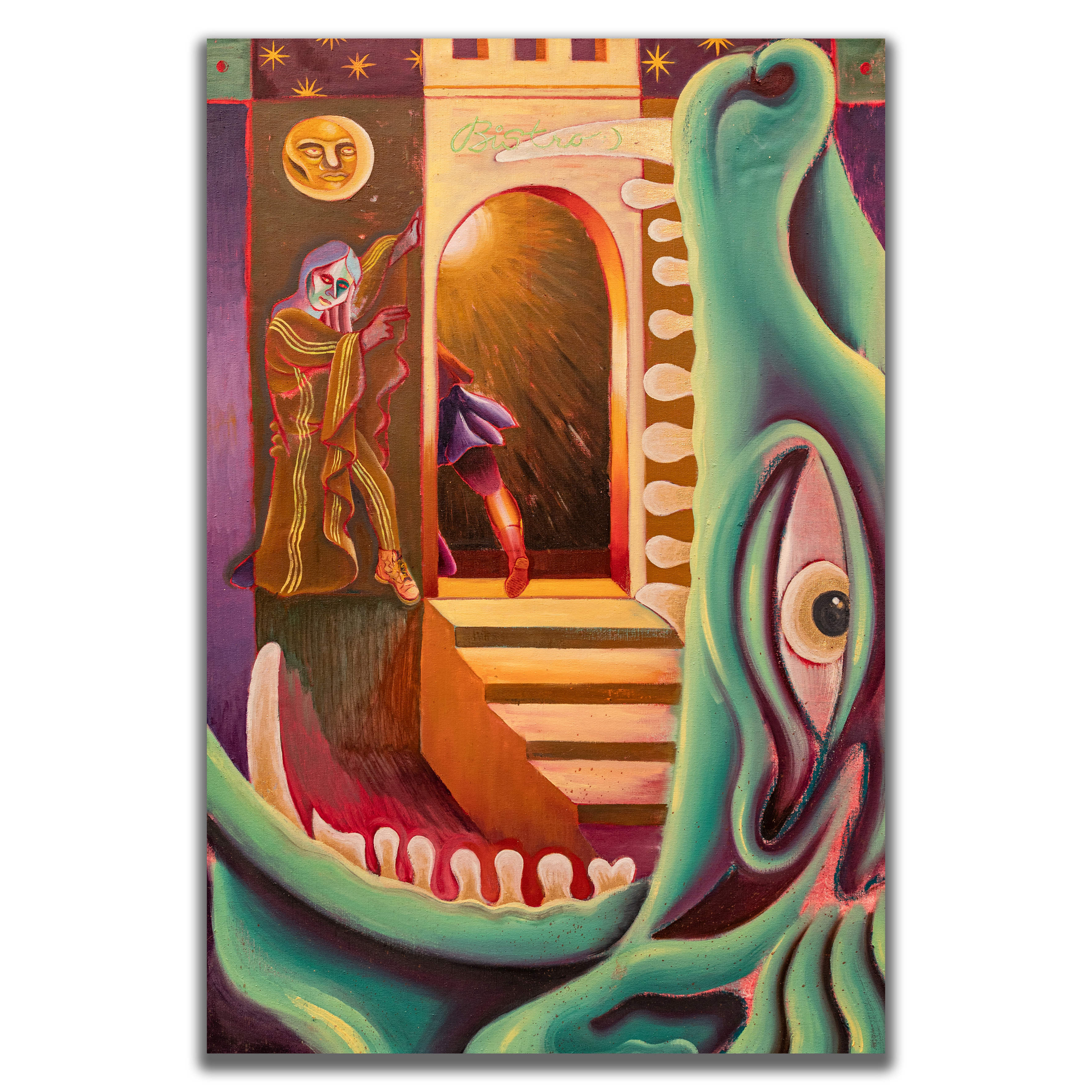 Dragon Sickness, 125x85 cm, akryl, olej, airbrush, a plátky zlata na plátně, 2024