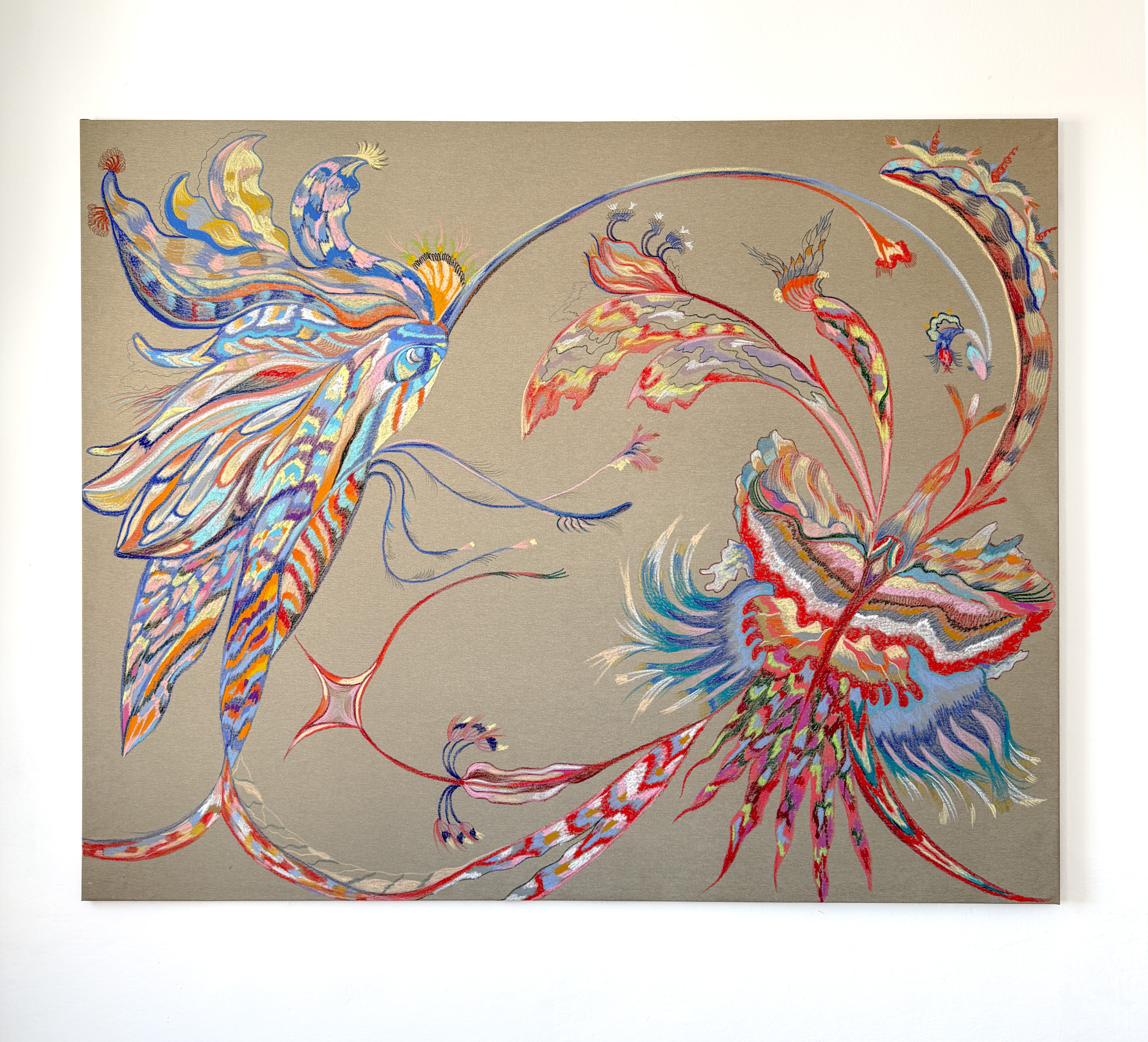 Fénix & Laguna, 200 x 230 cm, olejový pastel, 2026